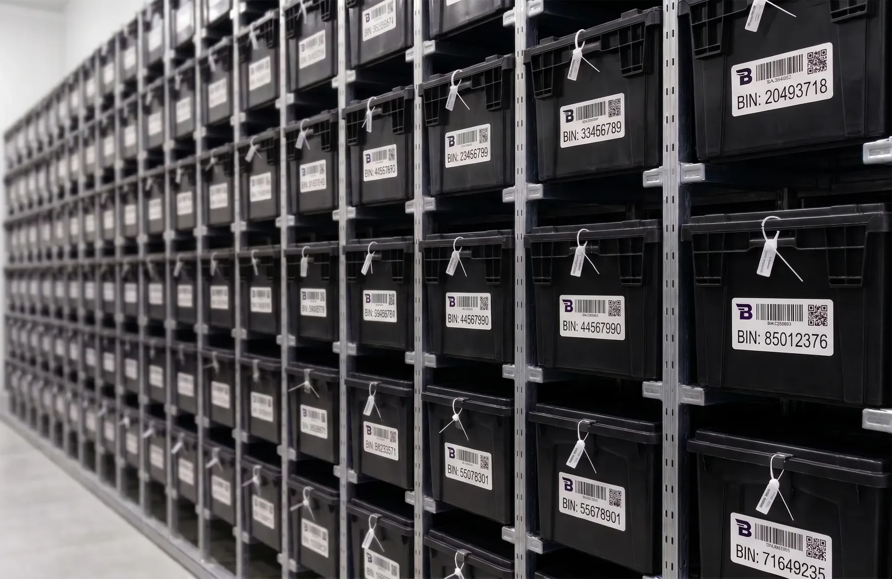 Binnit secure warehouse shelves with labeled bins